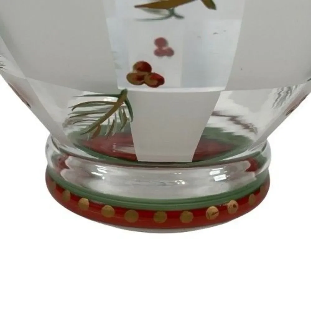 LG Glass Holly Berry & Pinecones Vase Hand Painted VTG Winter Holiday Christmas